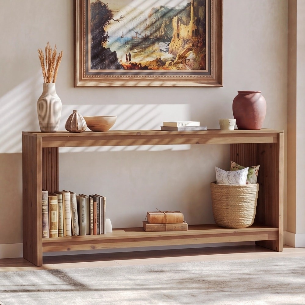 63"Solid Wood Rectangula Sofa Console Table w/ 2-Tier Storage Shelf for Entryway