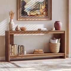 63″Solid Wood Rectangula Sofa Console Table w/ 2-Tier Storage Shelf for Entryway