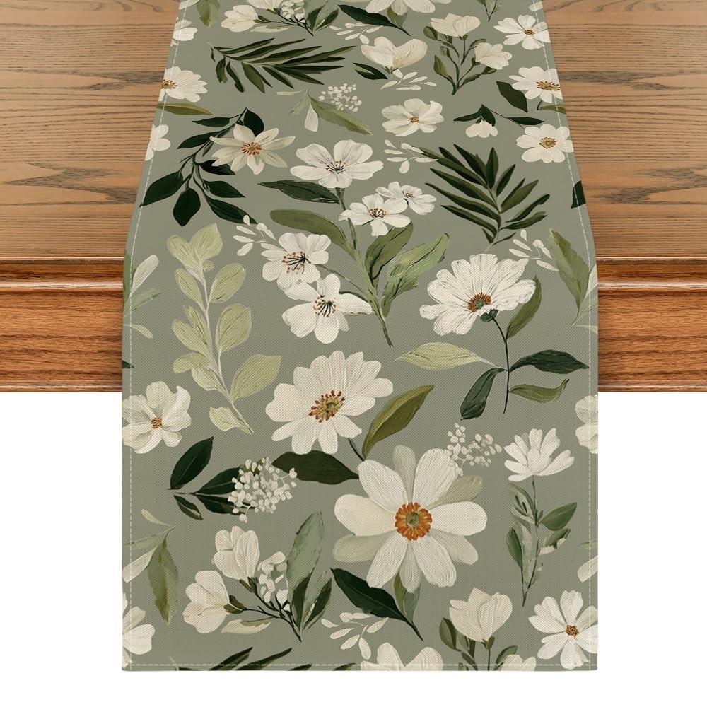 Olive Green 210 GSM 60x140 Spring Table Runner with Daisy Flowers Decorative gallery