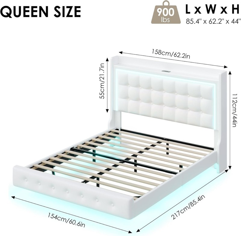 Queen Floating Bed Frame with LED Lights and Charging Station, Pu Leather Platfo gallery