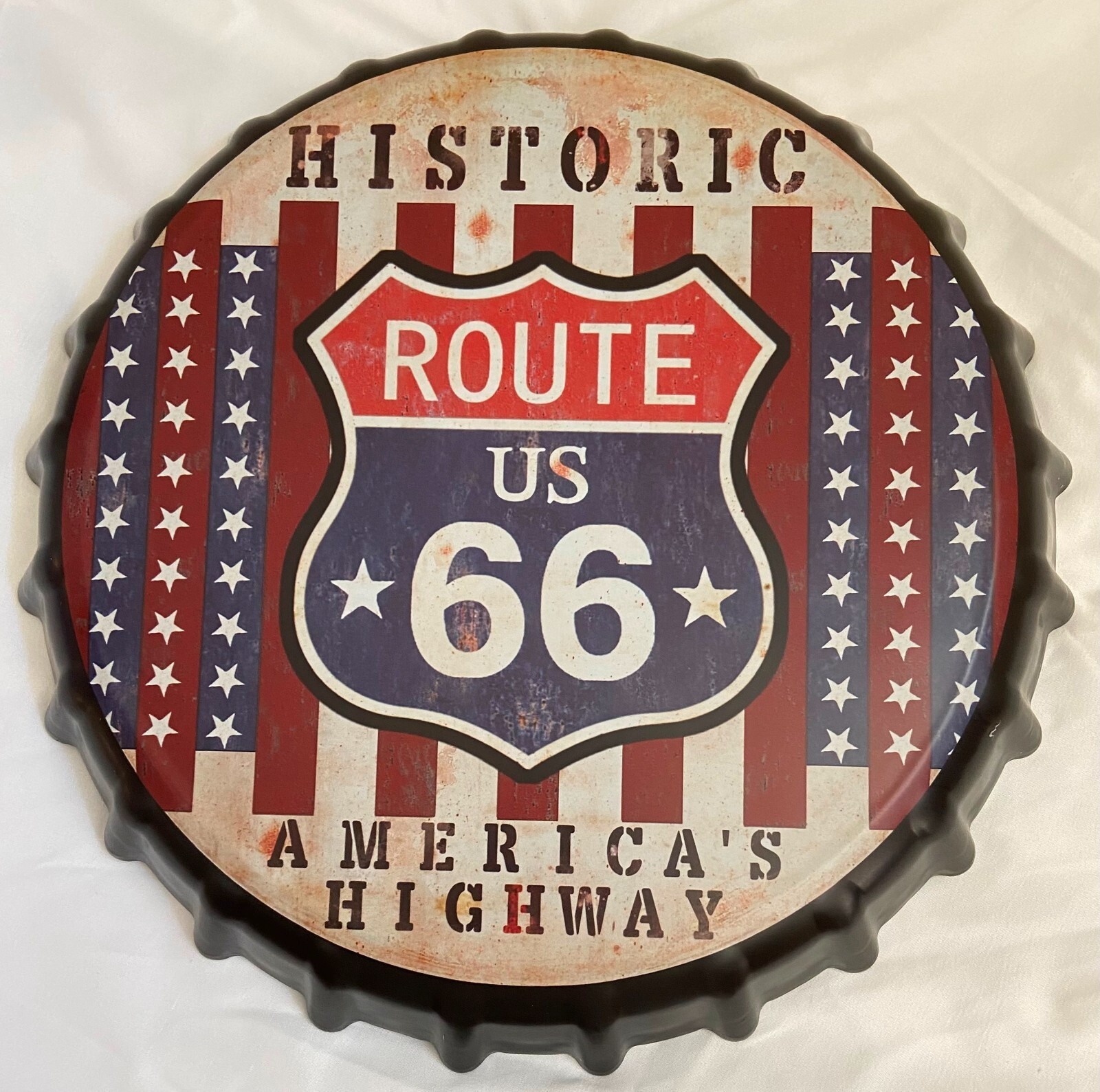 14" Metal Bottle Cap Wall Art Historic Route 66 1LB w/hooks gallery