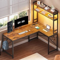 L Shaped Computer Desk, Small Corner Desk with LED Lights and Storage Shelves