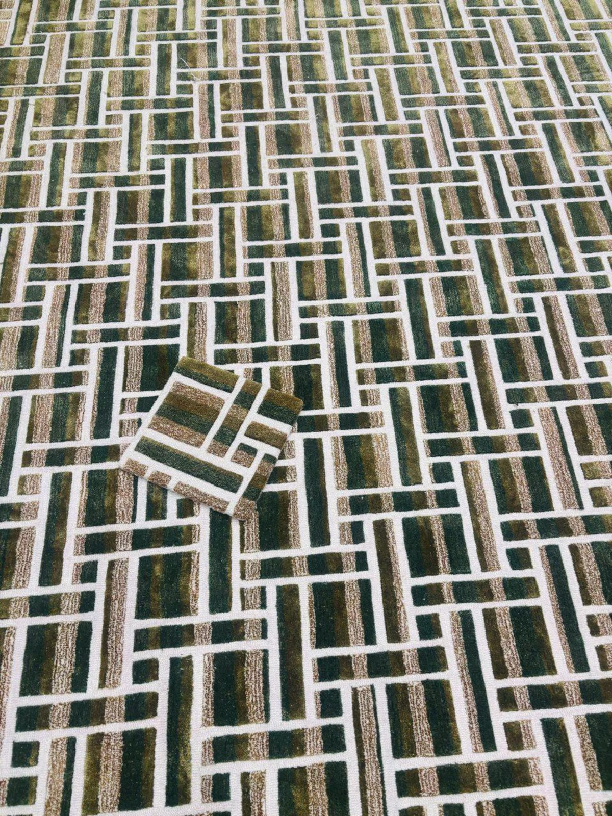 Premium Quality Hand-Tufted Wool Rug: Green Beige Geometric High-Low Pile 9x10 gallery