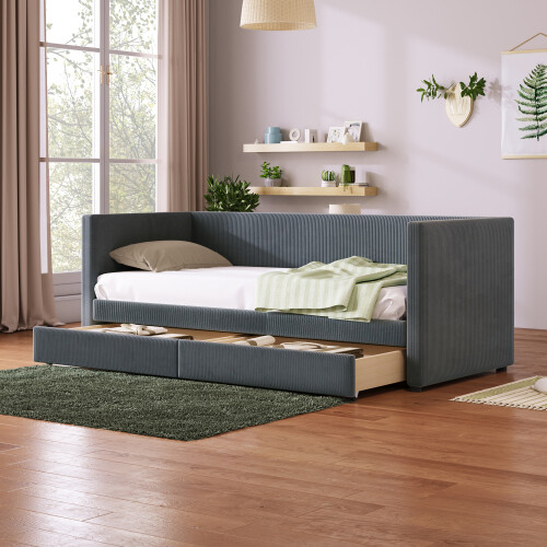Twin Size Upholstered Daybed with 2 Drawers and Wood Slat Sofa Bed Platform Beds gallery