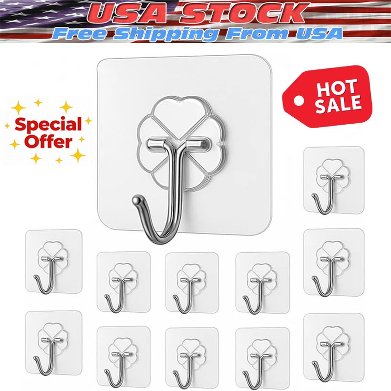 20-40pcs Adhesive Sticky Hooks Heavy Duty Clear Wall Seamless Hooks Hangers US gallery