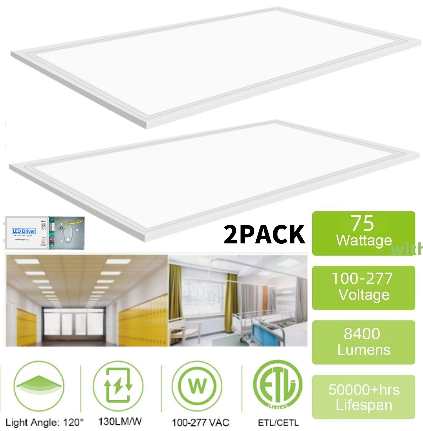 2x4 LED Flat Panel Light, 75Watt 8400LM LED Drop Ceiling Light fixture, Dimmable gallery