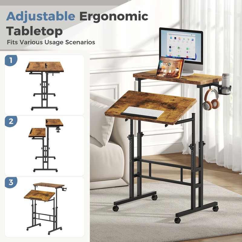 Dual Desktop Height Adjust Rolling Desk w/Cup Holder&Hook,Stand Computer Table gallery