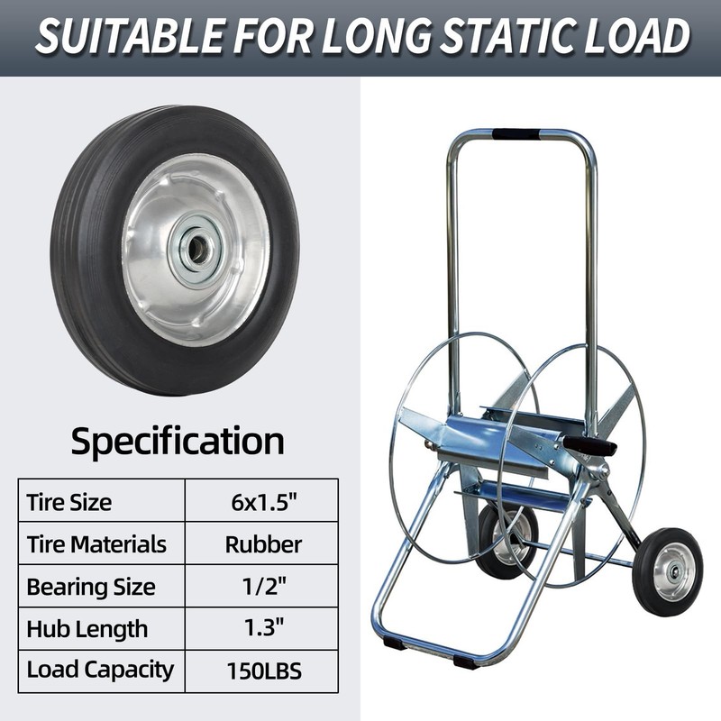 6" Flat Free Solid Rubber Tires with Ball Bearings 2 Pack, 1/2" Axle Bore gallery