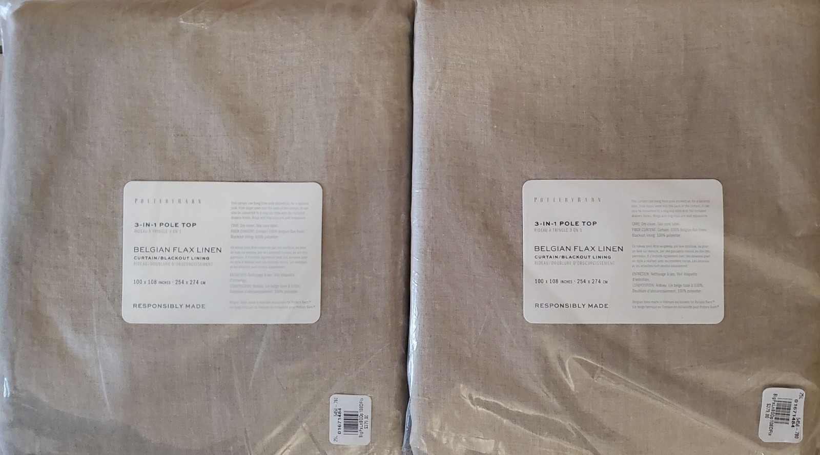 2 Pottery Barn BELGIAN FLAX LINEN Pole Top BLACKOUT Drapes~100"x108" ~ DARK FLAX gallery