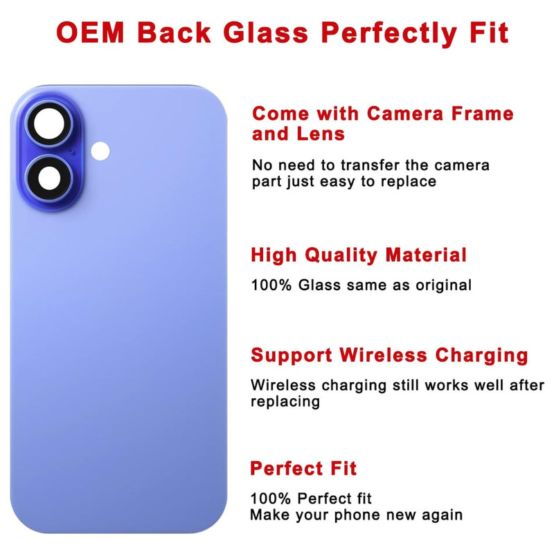 For iPhone 16 Back Glass Replacement Big Hole Rear Cover With Metal + Magnet Lot gallery