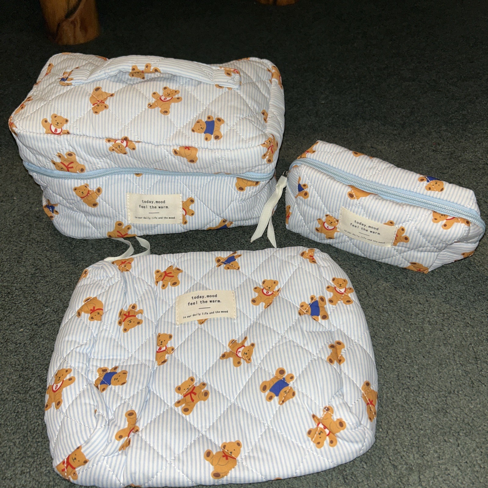 3 Pc Quilted Teddy Bear Travel / Storage Set For All Age Groups Make Up Bag Too gallery