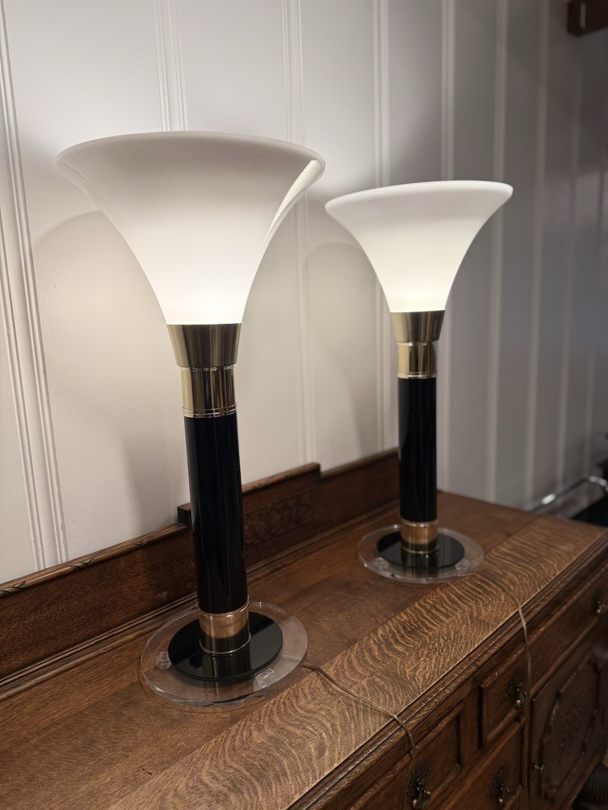 Pair Karl Springer Style Torchiere Lamps Black/Clear Lucite, Brass, White Glass gallery