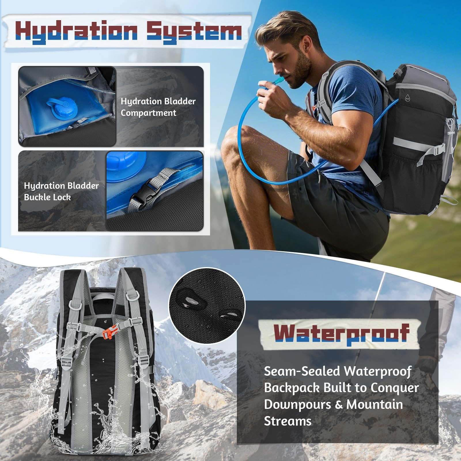 40L Foldable Hiking Backpack, Black, Packable, Waterproof, Lightweight Daypack 4