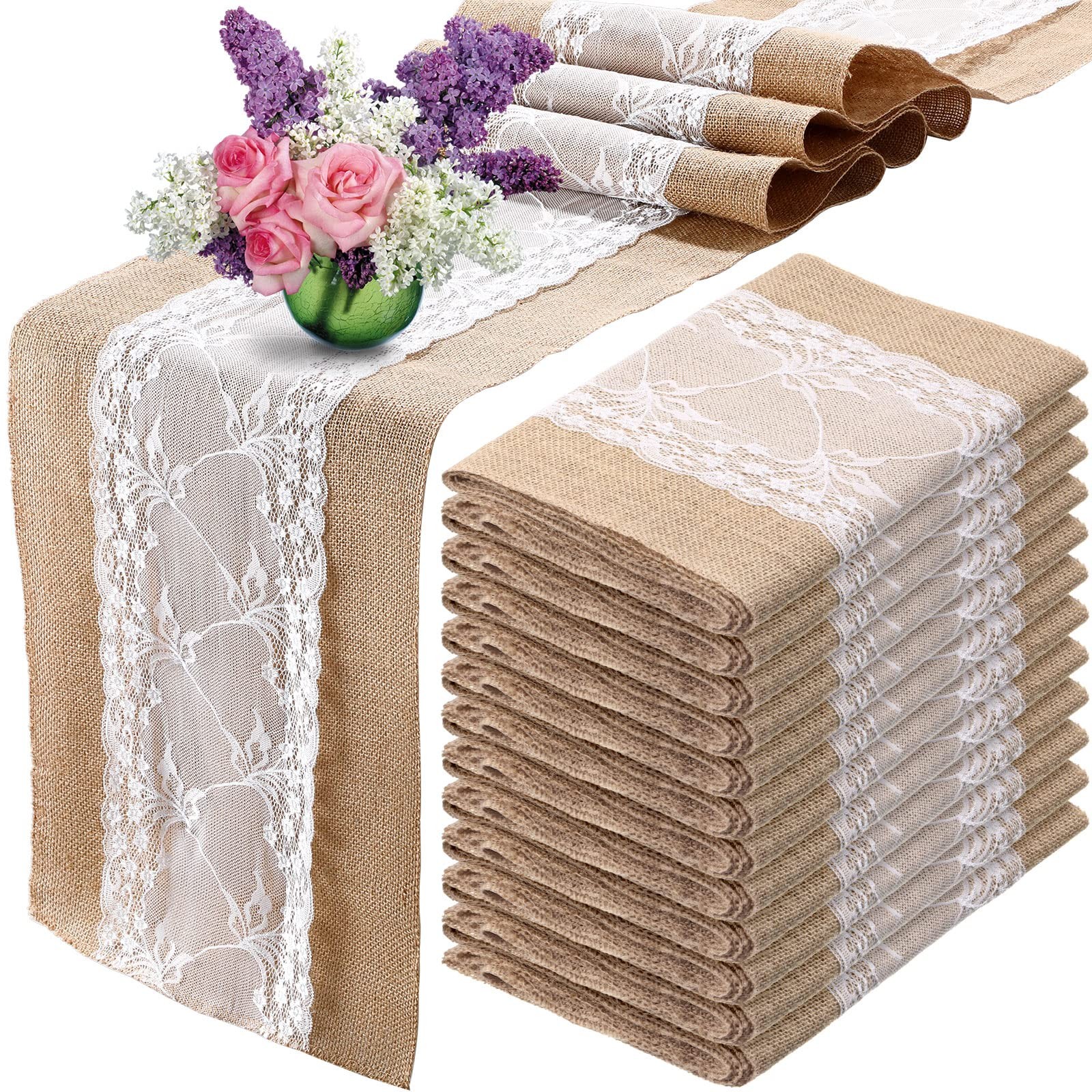 12 Pcs 12 x 108 Inch Wedding Burlap Table Runners with White Lace Rustic Runn... gallery