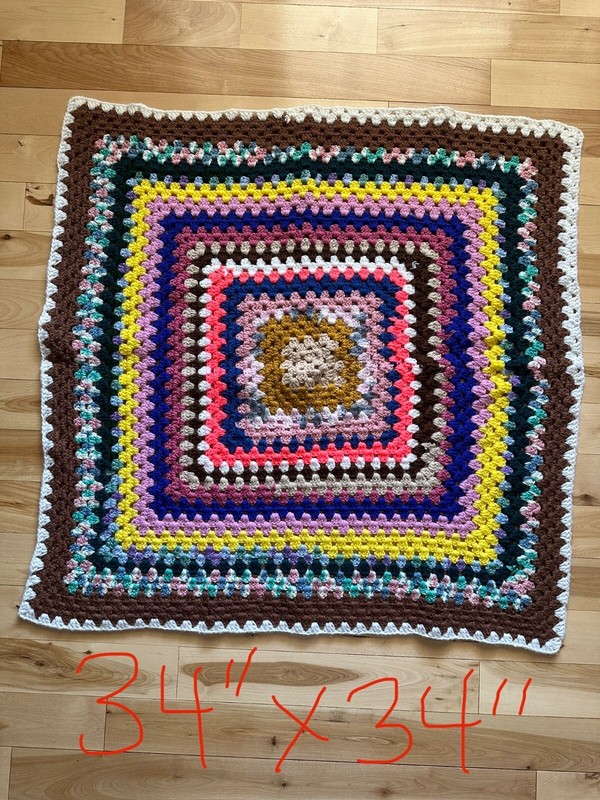 Crochet Afghan Blanket Throw Multicolor 70s Granny Square 34 in X 34 in Vintage gallery