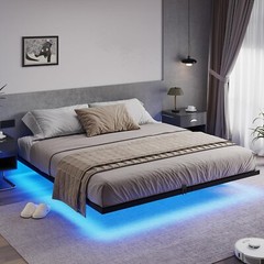 Floating Bed Frame King Size with LED Lights, Metal Platform Bed Frame, Black