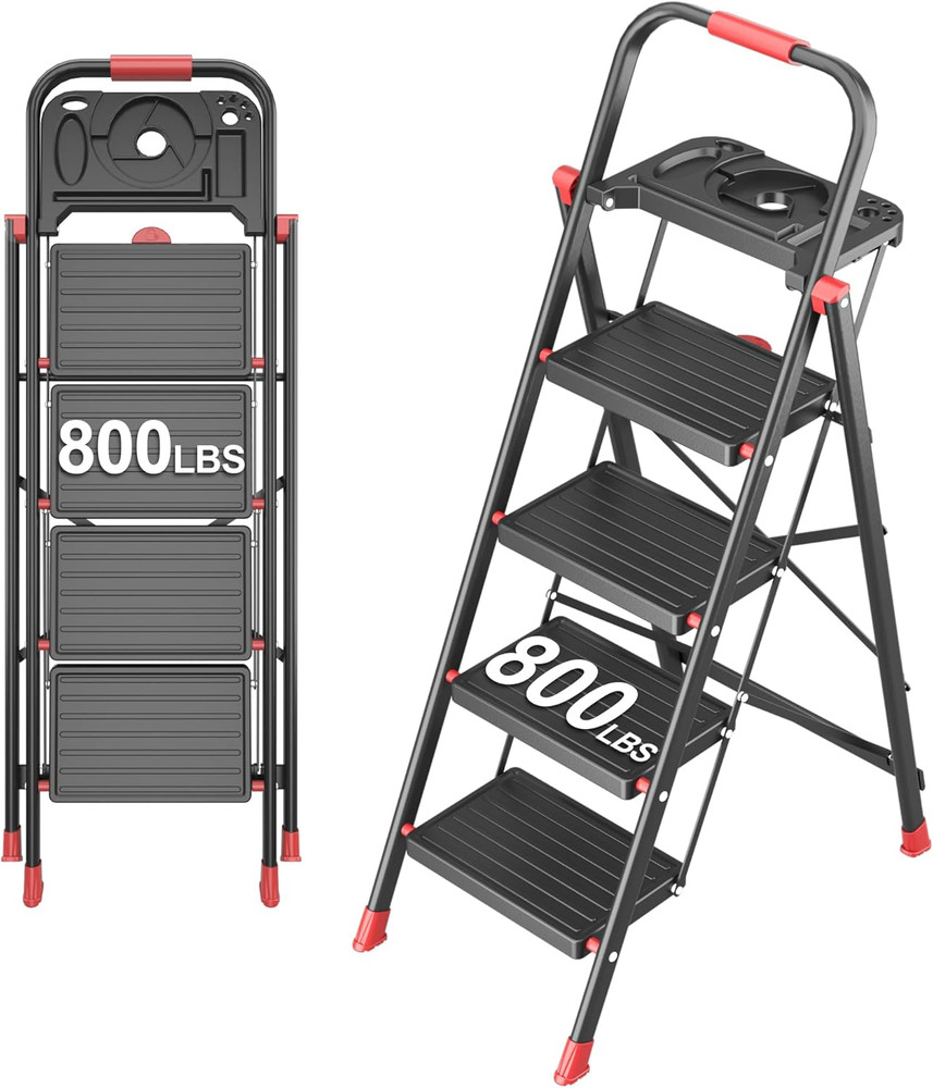 4 Step Foldable Step Ladder with Mutifunctional Tool Tray, Platform Ladders Step