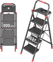 4 Step Foldable Step Ladder with Mutifunctional Tool Tray, Platform Ladders Step