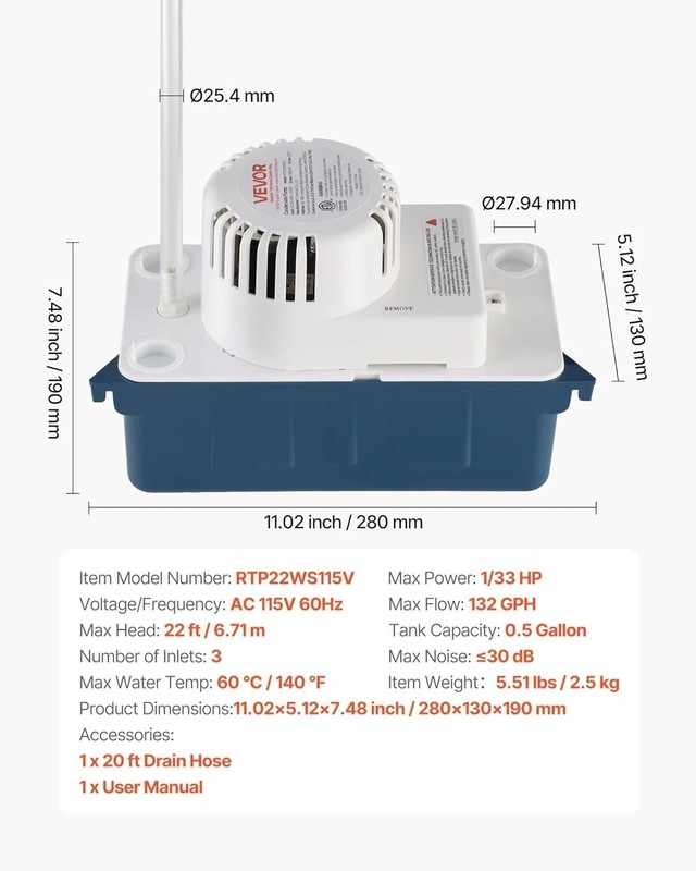 Efficient 1/33 HP Condensate Removal Pump - 100 GPH Flow & Quiet 30 dB Operation gallery