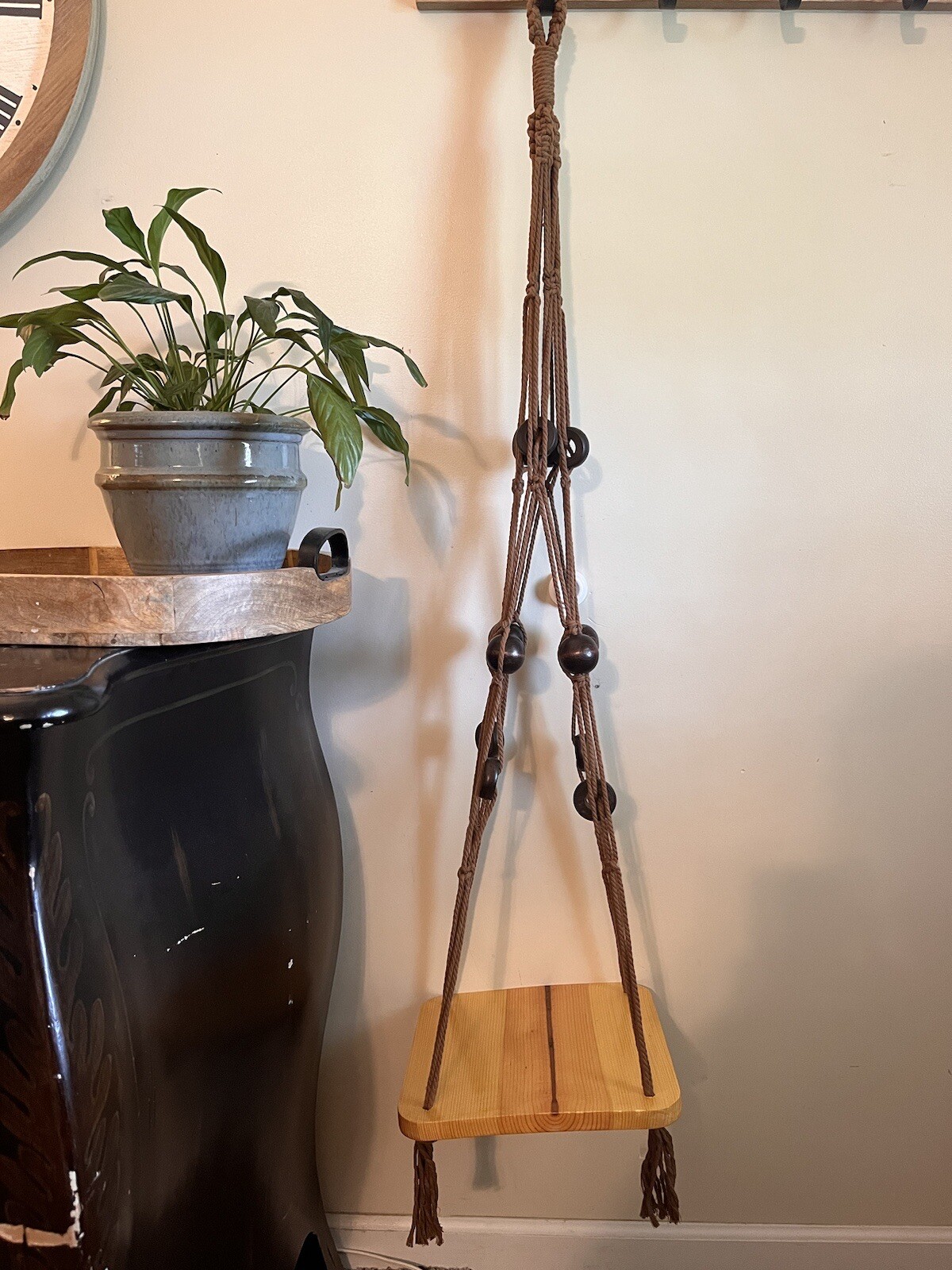 Macrame Plant Hanger with Wood Shelf Brown Beads Vintage MCM Hanging Vine Ivy gallery