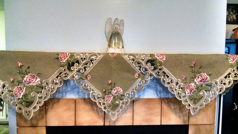 Doily Boutique Table Runner, Doily, Mantel Scarf with Pink Rose on Green Burlap gallery