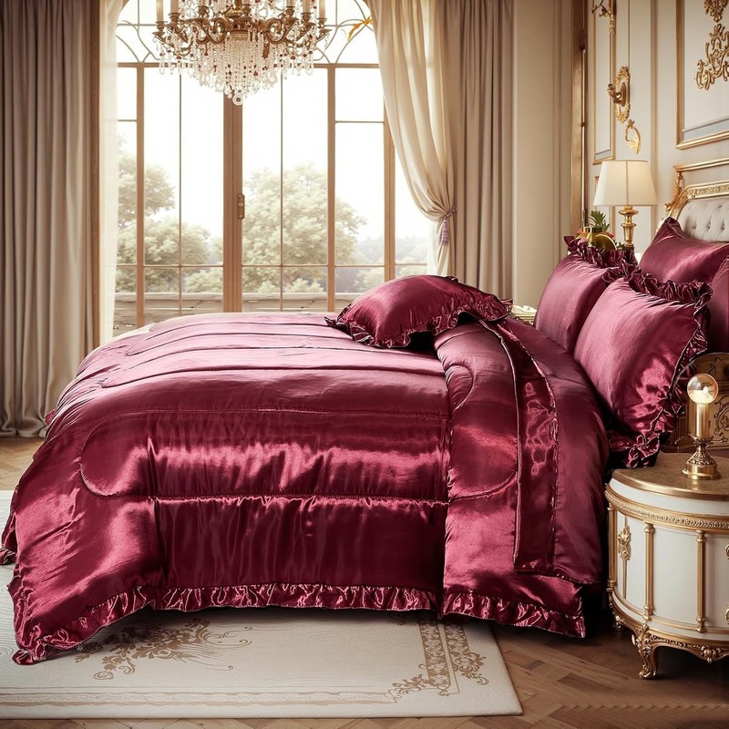 Silk Like Satin Comforter Set with Sheet Set King 8 Pcs Burgundy Satin Bedding S gallery