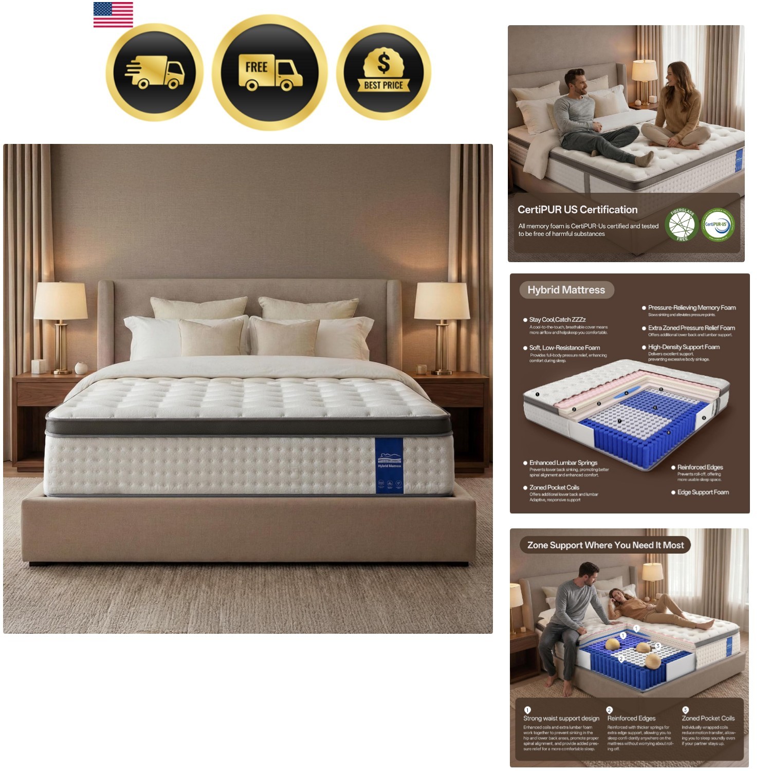 Queen Size 14-Inch Hybrid Mattress: Cooling Gel Memory Foam Medium Firm Support gallery