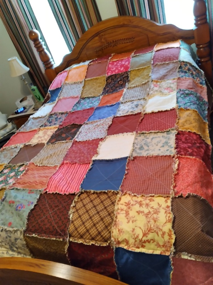 twin/full Patchwork Rag Quilt Multicolor Cotton Quilted. Country 90 x 90 in