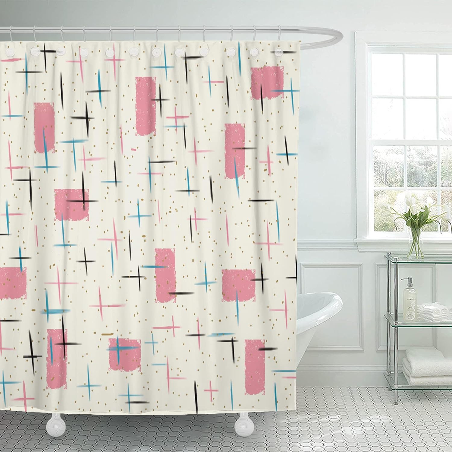 Shower Curtain Mid Atomic Pink Pattern Century Modern Turquoise 1950S Vintage 66 gallery