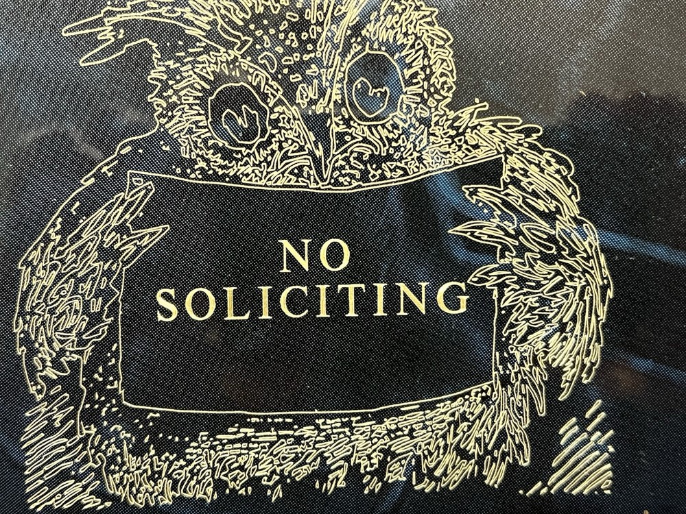 No Soliciting Brass Diamond Etched Sign Owl Theme