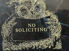 No Soliciting Brass Diamond Etched Sign Owl Theme