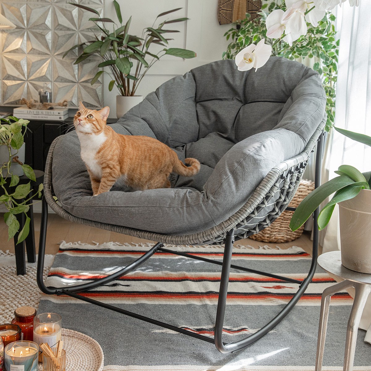 Barton Indoor/Outdoor Rattan Rocking Chair with Padded Cushion Porch Room, Grey gallery