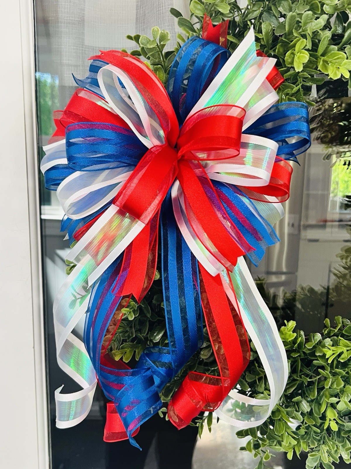 Handmade Red White Blue Patriotic Summer Wreath Bow 4th of July Memorial Decor gallery