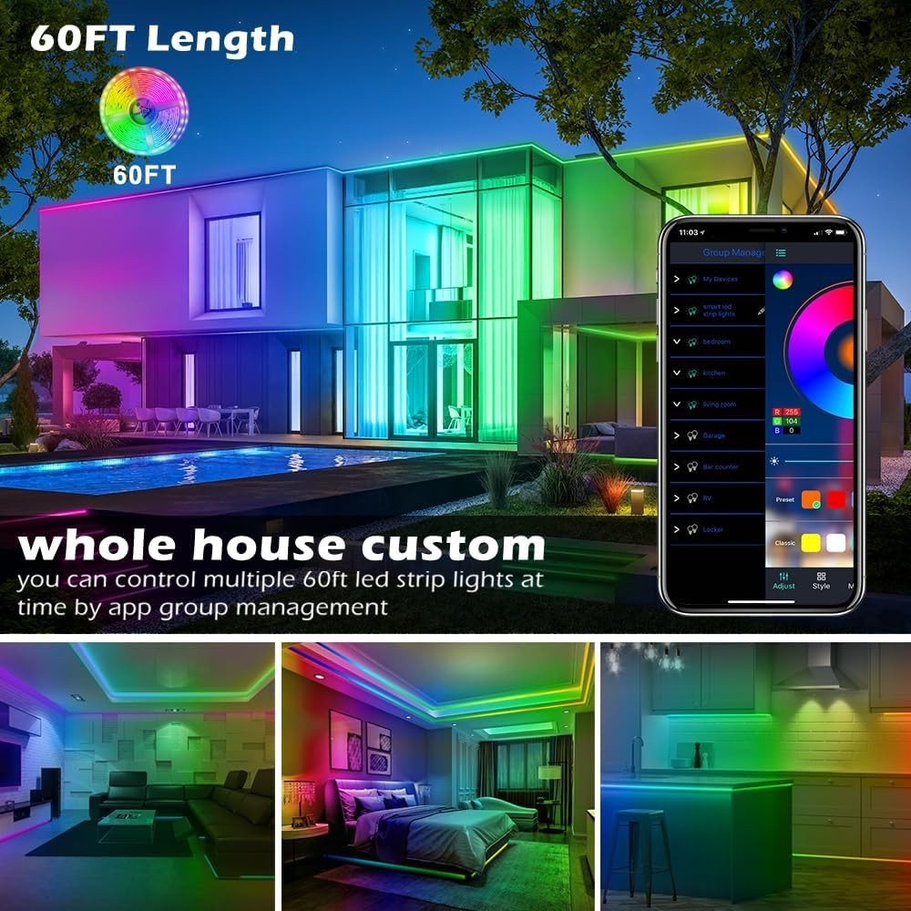 Water-Resistant 60ft LED Strip Lights with Multiple Modes & Easy Installation gallery