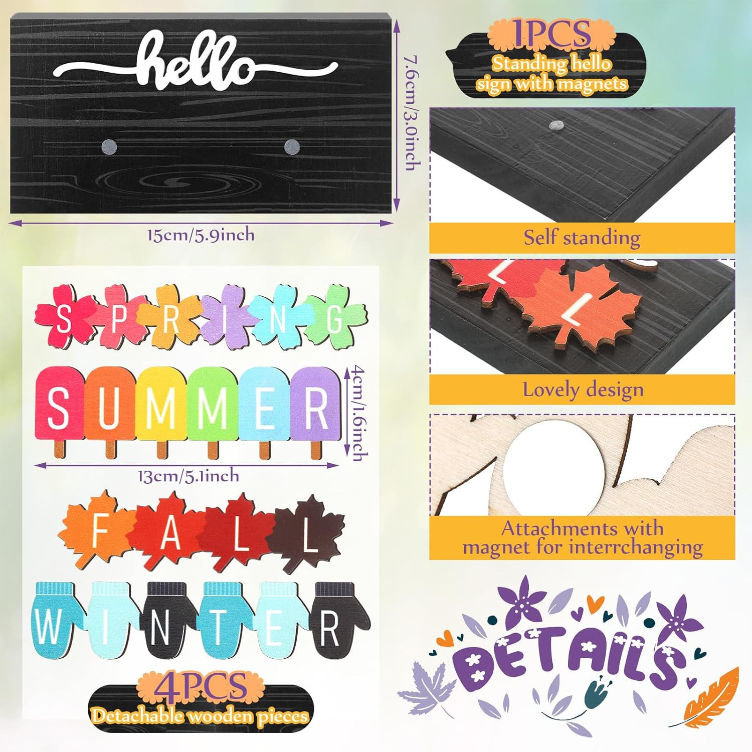 5 Pcs Hello Spring Interchangeable Sign Seasonal Sign Summer Fall Winter Tiered gallery
