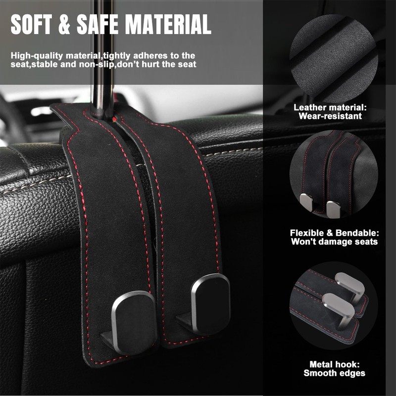 2x Car Headrest Double Hook Leather Seat Back Hanger Holder for Purses Bag Black gallery