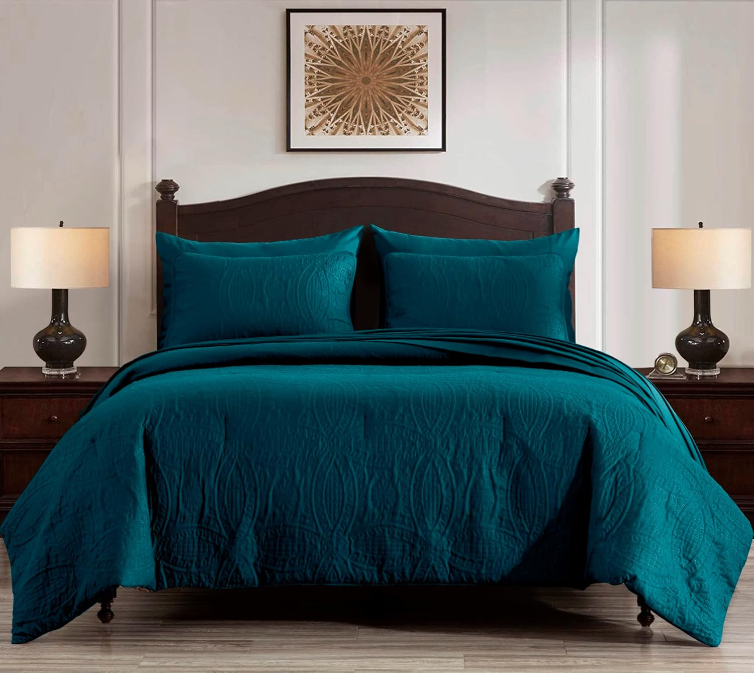 Liam Teal Queen Size Comforter Set - 7 Pieces Coin Pattern Bed in a Bag with Com gallery