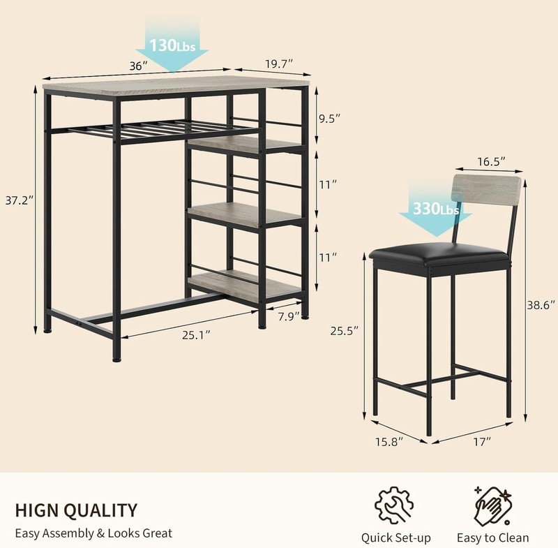 3-Piece Dining Table Set w/ Upholstered Bar Stool Wine Rack Kitchen Dining Room gallery