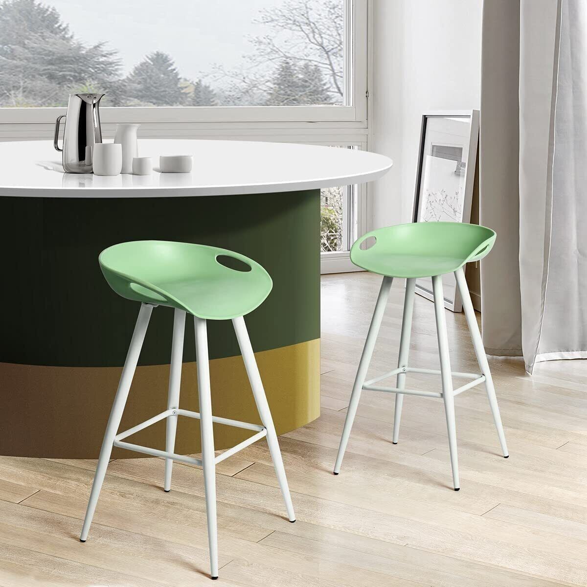 31.7" Simple Modern, High Counter Bar Stool, Low Back, White & Green - Set of 2 gallery