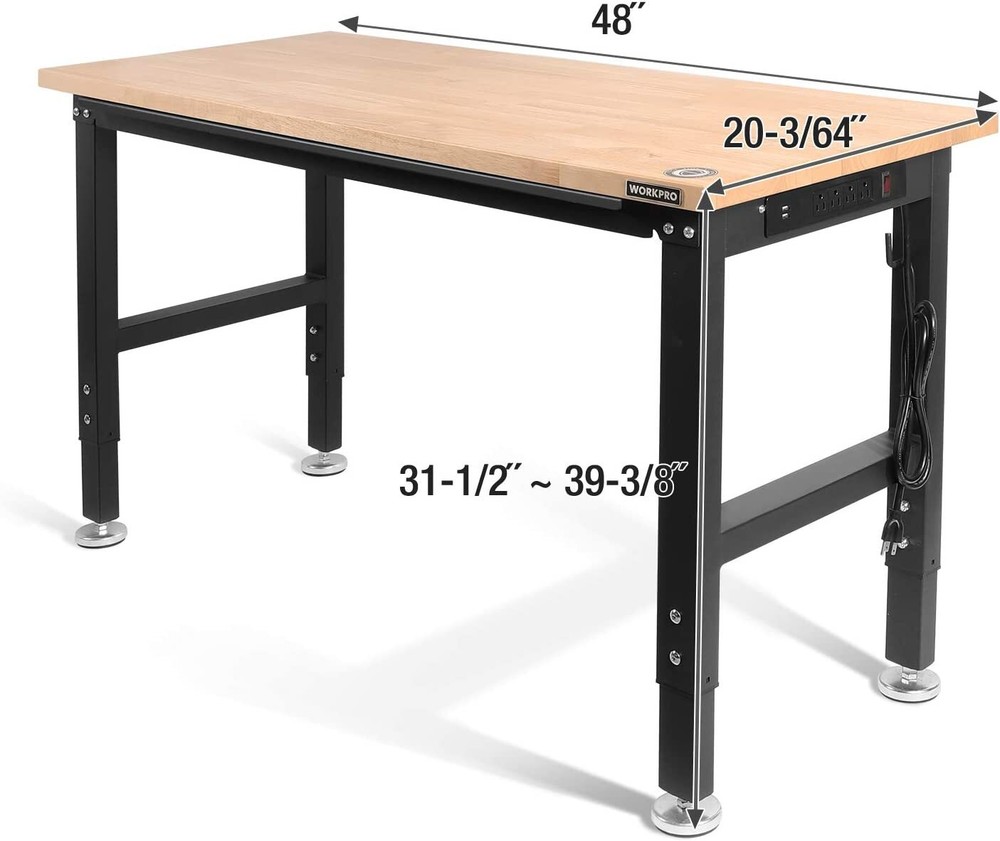 WORKPRO 72"/48''/60" Adjustable Workbench Heavy-Duty Workstation Rubber Wood Top