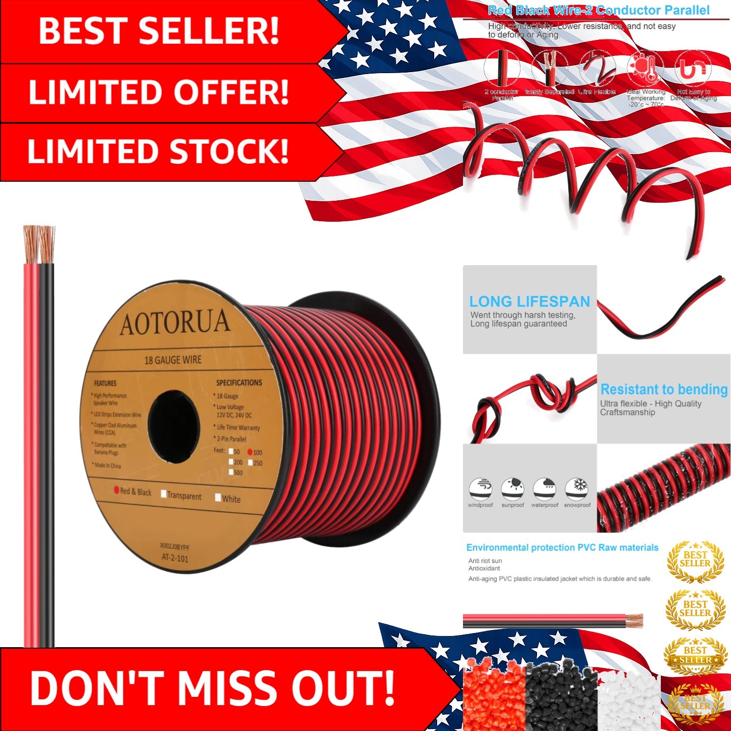 100FT Red & Black 18AWG Electrical Wire for Easy Installation and Use gallery