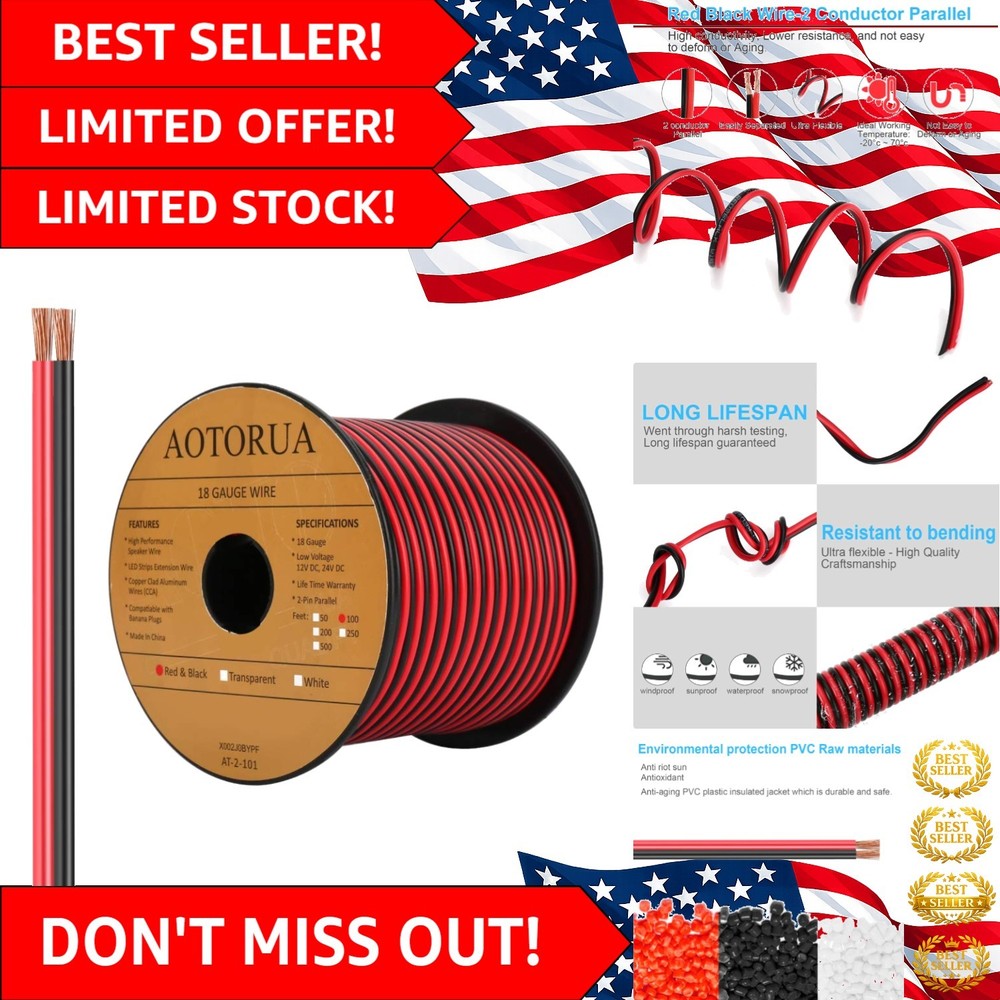 100FT Red & Black 18AWG Electrical Wire for Easy Installation and Use