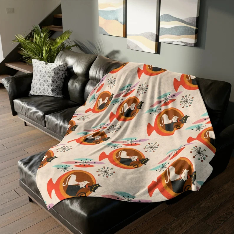 Sputnik Atomic Cat Sherpa Blanket Retro Space Decor gallery