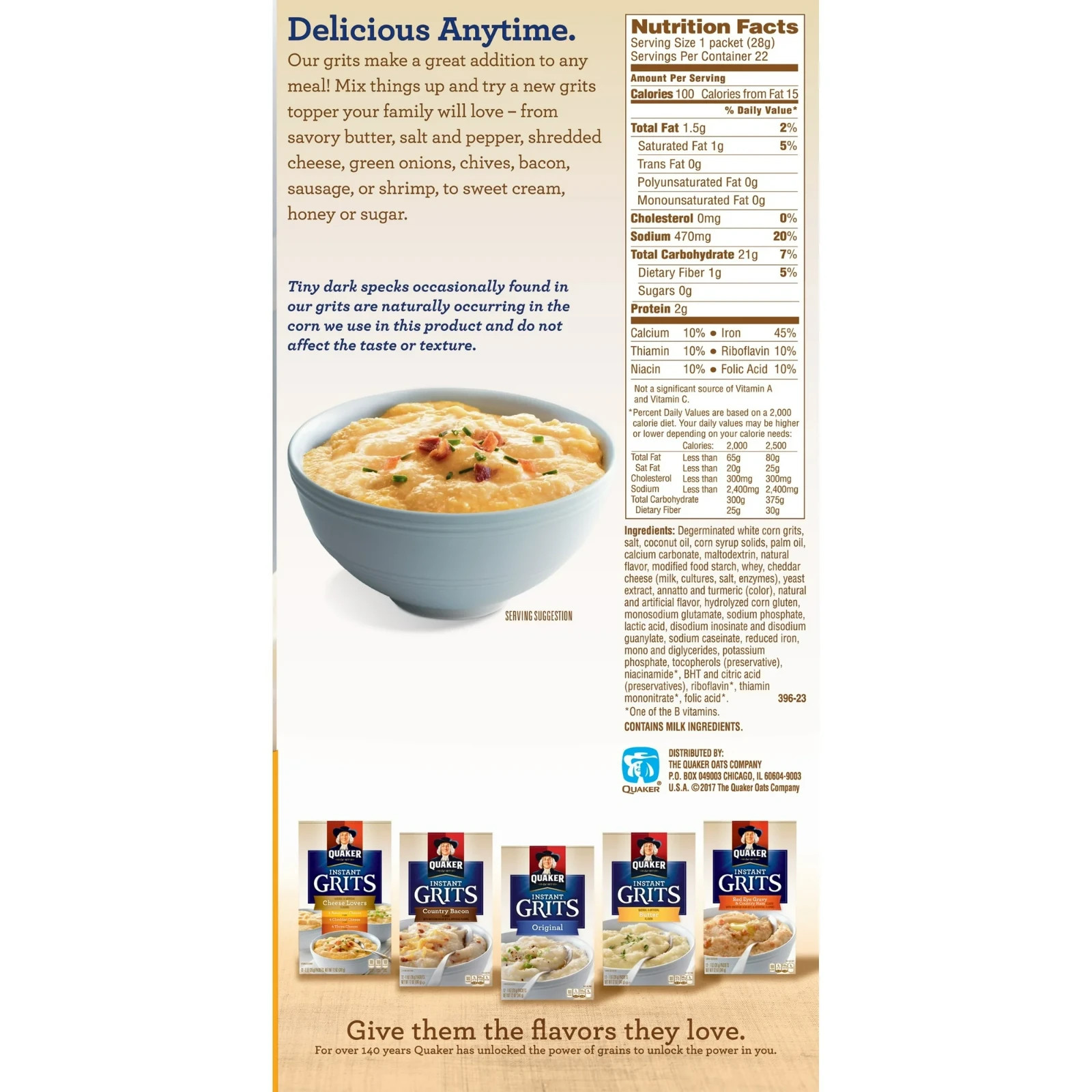 Quaker Instant Grits Cheddar Cheese Naturally Flavored, 0.98 oz 22 Count Box gallery