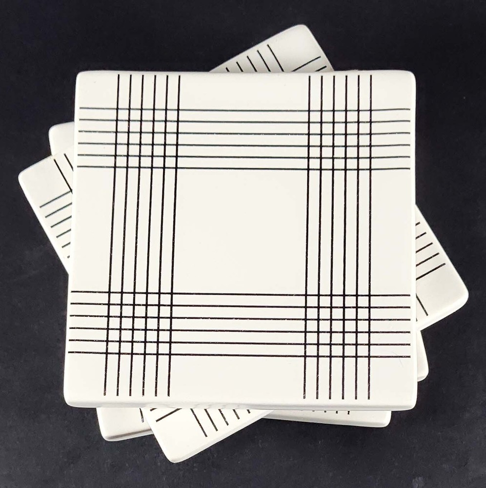 Threshold Stoneware Coasters White Black Stripe Modern Geometric 4 1/8" Set/4