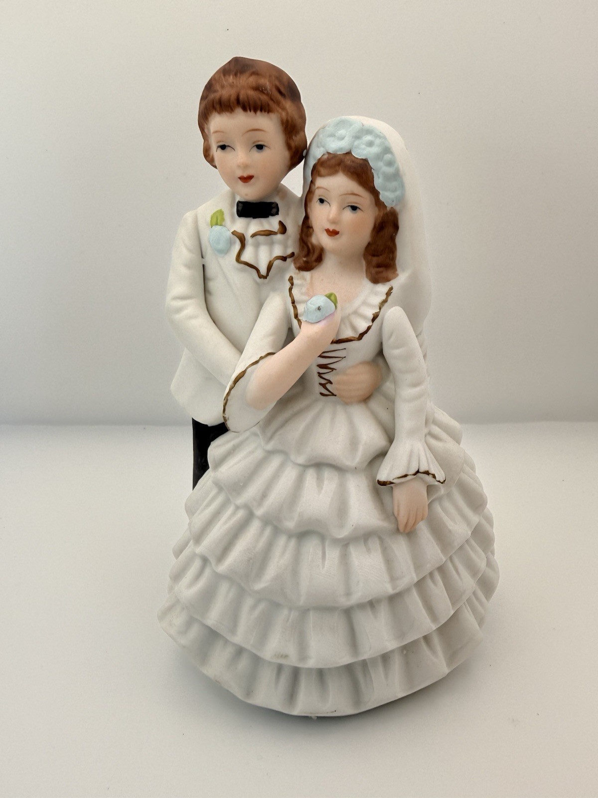 Matte Victorian Style Porcelain Bride Groom Wedding Cake Topper Blue Flower gallery