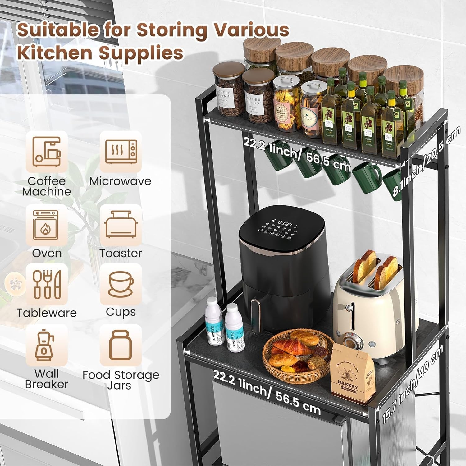Mini Fridge Stand 2-Tier Kitchen Microwave Shelf Adjustable Bakers Rack with 8 H gallery