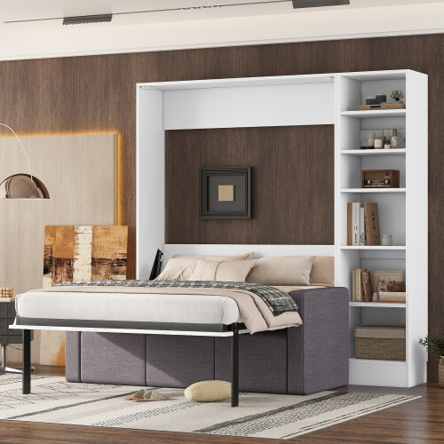Murphy Wall Bed with Sofa & Storage Shelves Wood Murphy Chest Cabinet Furniture