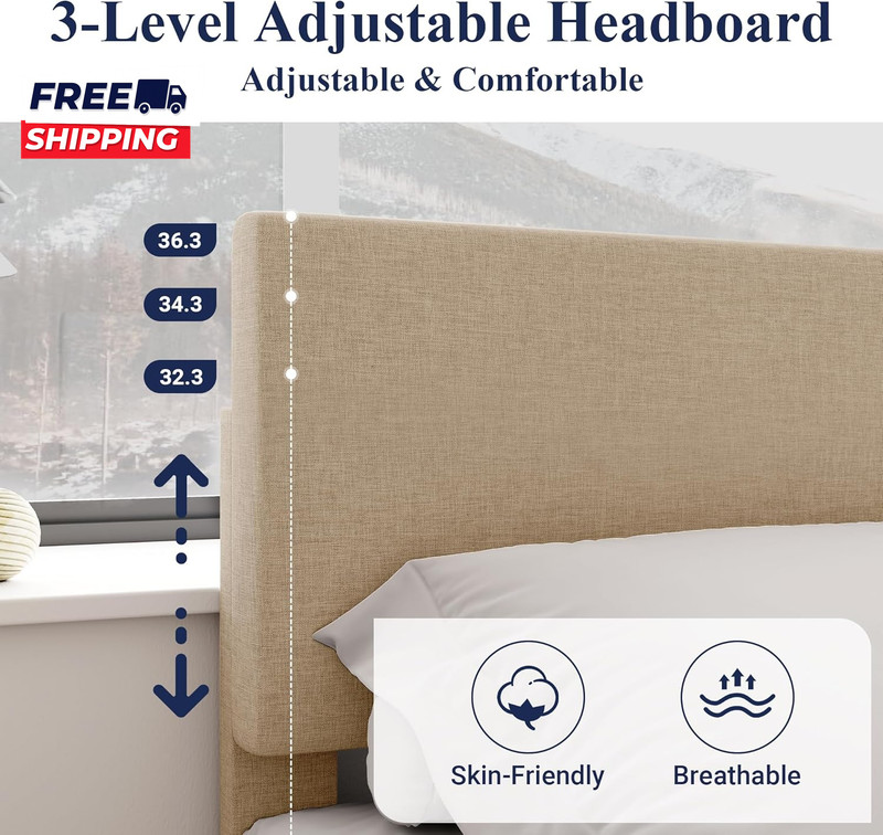 King Size Bed Frame with Adjustable Headboard Upholstered Platform Bed gallery