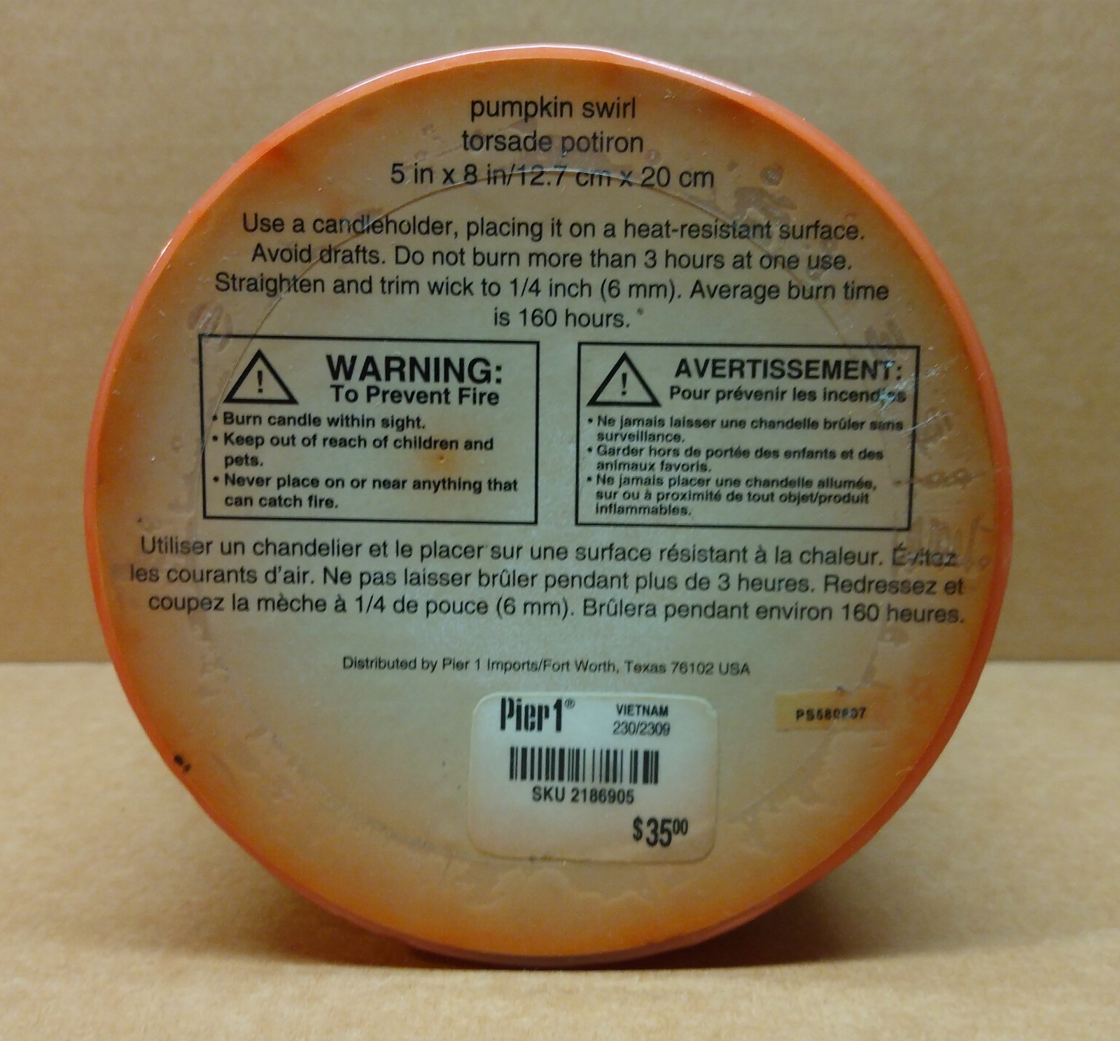 Pier 1 One PUMPKIN SWIRL Scented Candle 5 x 8" 160 Hours Burn 3 Wicks Pillar gallery